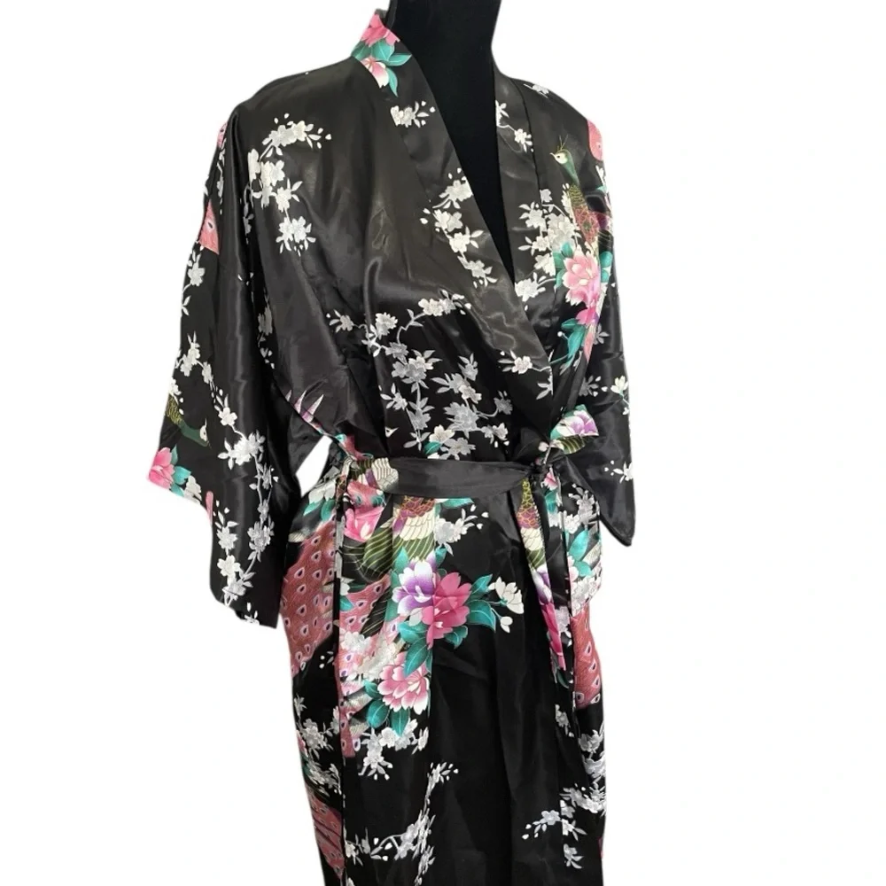 Japanese Long Kimono Robe Floral Satin Dressing Gown Retro Cherry Blossoms Pink - Picture 3 of 7